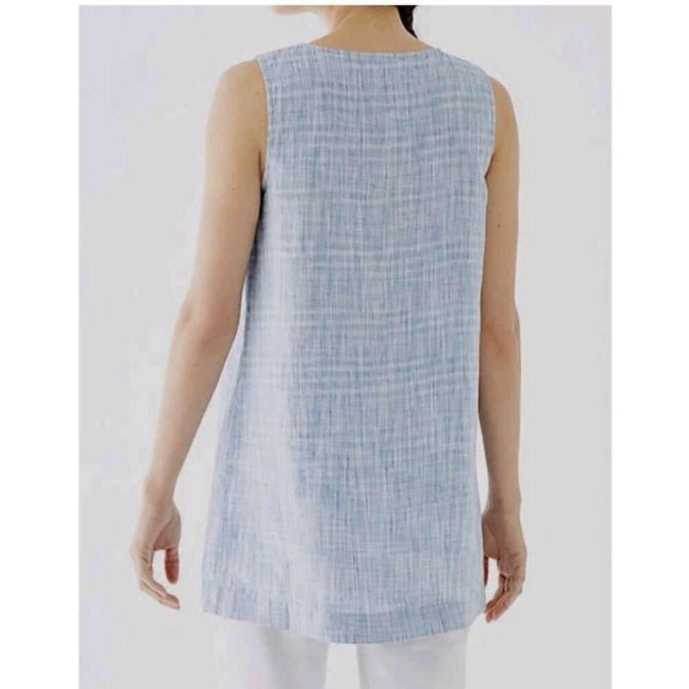 J Jill Pure Jill 100% Linen Blue White Sleeveless Tunic Top Size L Petite - Picture 2 of 9